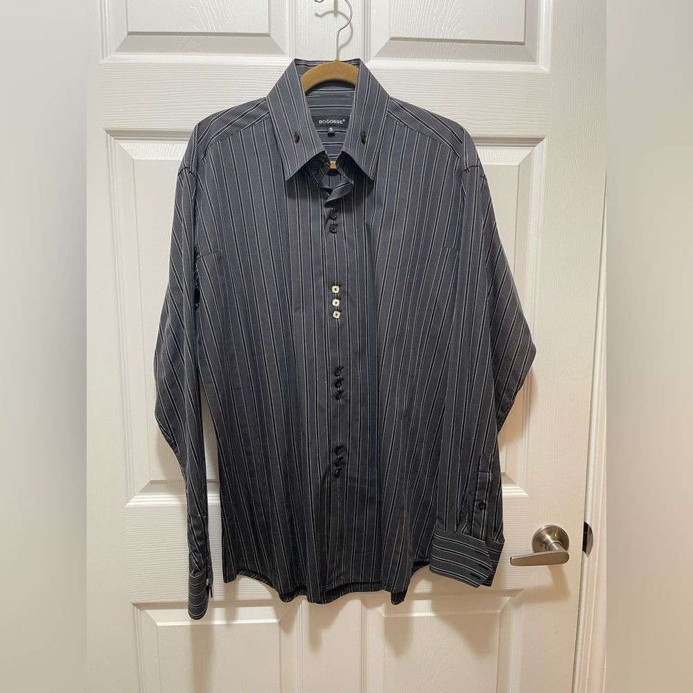 Bogosse Button Up Dress Shirt Men's XL Size 5 Stripes Black Gray 100% Cotton